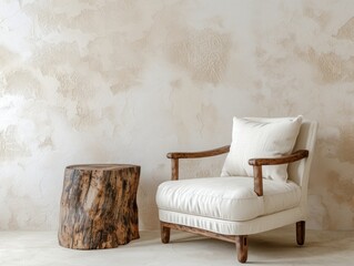 room interior design Fabric lounge chairs and table beside a tree stump against a beige stucco wall with copy space.