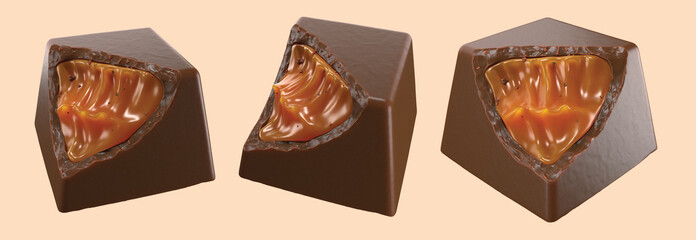 Luxury Chocolate pieces with Caramel filling. 3d illustration. Isolated background