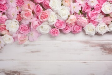White and pink roses on painted wooden background. Place for text.