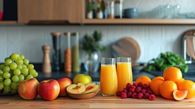 Front View Of Fruits And Juices On Wooden Table, Modern Kitchen Counter