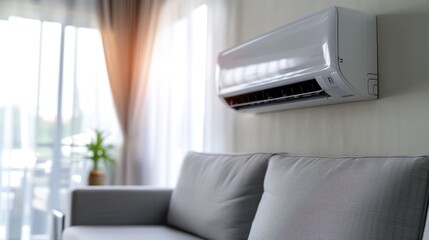 General air conditioner with modern bright living room background