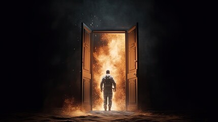 Portal to another world with a fiery glow around. Cosmic wormhole. Space travel concept. Science fiction universe exploration. Illustration for banner, poster, cover, brochure or presentation.