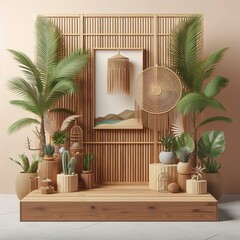 Wooden podium showcase for product with palm leaves