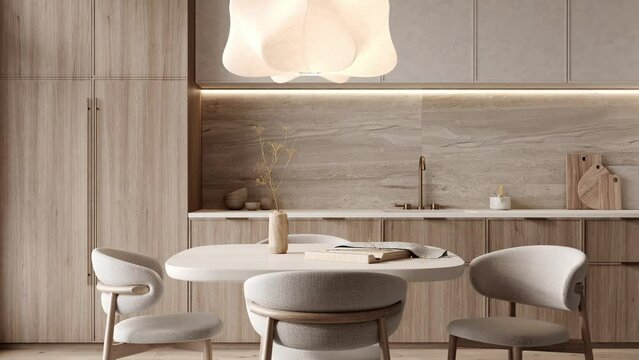 Modern kitchen interior with wooden features and designer lighting