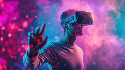 Man using VR Virtual Reality headset on abstract cyberpunk pink purple fire background