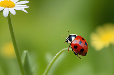 Fototapeta premium red ladybug on camomile flower, ladybird creeps on stem of plant in spring in garden in summer