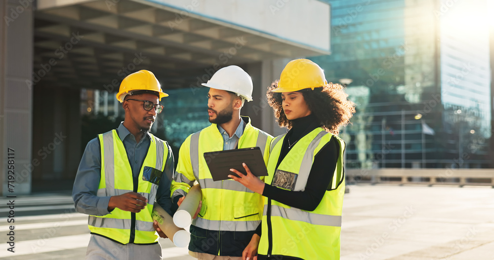 Poster people, architect and team walking with tablet in planning for construction, building or project in 