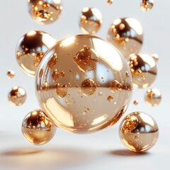 Golden Gauzy Crystalline Meta Spheres Floating, 3d  illustration