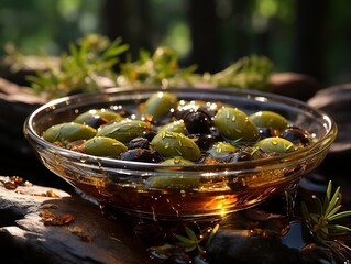 Olives with spilling oil by spoon