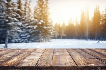 The empty wooden dark brown rustic table top with blur background of winter forest in finland. Exuberant image. generative ai