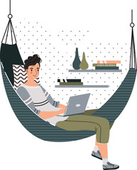 Young man relaxing in a hammock with a laptop, enjoying work from home, casual clothing. Freelancer balancing work and leisure, indoor plant and bookshelf in scene.