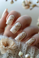Elegant hands showcase glittery golden nail art, a mix of glamour and sophistication