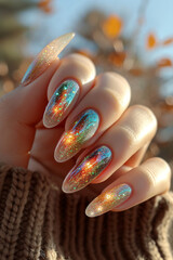 Elegant hands showcase glittery golden nail art, a mix of glamour and sophistication