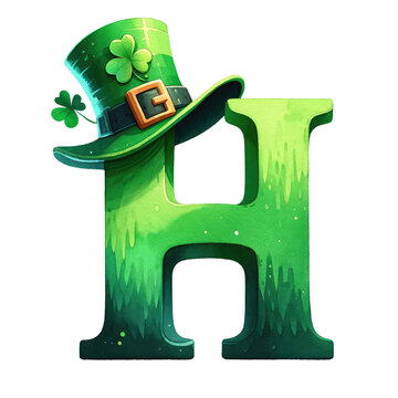 Watercolor St. Patrick's Day Alphabet 'H' : Hand-Drawn Irish Letters Clipart for Festive Designs. Celebration Typography: Green Shamrock Alphabet for Craft. Elegant Alphabet Letters Celtic Font Design