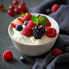 Bowl of fresh mixed berries and yogurt with farm fresh strawberries, blackberries and blueberries served dark stone table