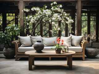 luxurious asian outdoor living room with wood furniture and cherry tree
