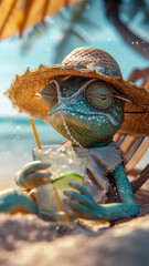 A Chameleon in human clothes lies on a sunbathe on the beach, on a sun lounger, under a bright sun umbrella, drinks a mojito with ice from a glass glass with a straw, smiles, summer tones, bright rich