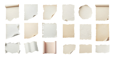 set of old torn paper set. Various shapes and colors. Vintage ripped paper. Isolated transparent background PNG. Cream torn paper. Torn Paper craft. Old parchment. 