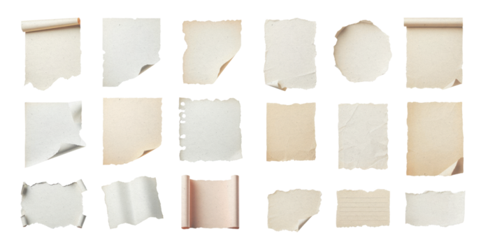 set of old torn paper set. Various shapes and colors. Vintage ripped paper. Isolated transparent background PNG. Cream torn paper. Torn Paper craft. Old parchment. 