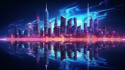 Reflecting neon lights in the water, there is a modern city with high-rise buildings and night street scene on the ocean in this 3d illustration.
