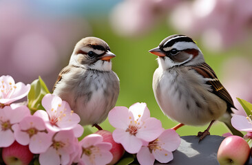 small funny Sparrow Chicks sit in the garden surrounded by pink Apple blossoms on a Sunny may day