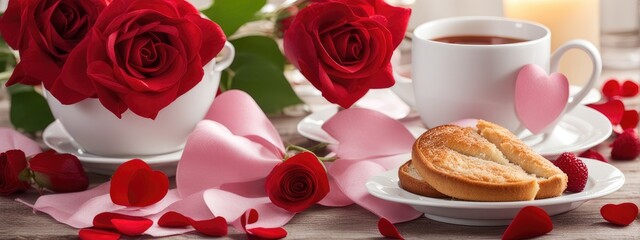 Breakfast table setting for saint valentine's day with hearts. Holiday love concept