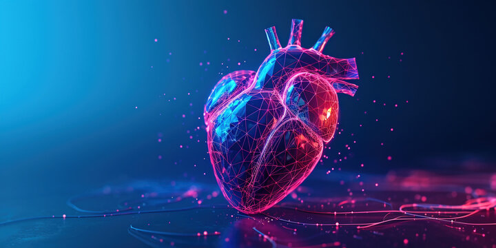 Real looking heart on bright blue studio background. Heart disease, myocardial infarction, cardiology service banner. Technology of future concept	