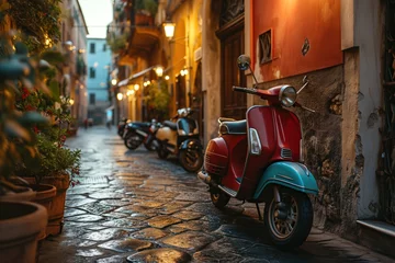 Wandcirkels aluminium Scooters parking in a traditional italian street. © steevy84