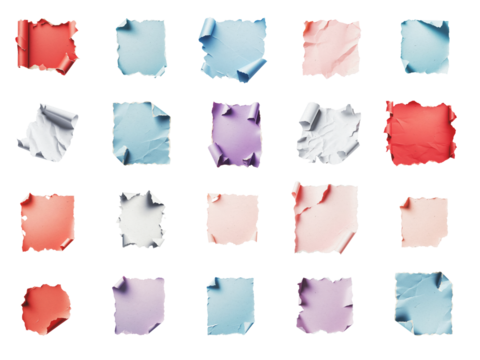 set of old torn paper set. Various shapes and colors. Vintage ripped paper. Isolated transparent background PNG. Red torn paper. Blue torn paper. Pink torn paper. Purple torn paper. White torn paper. 