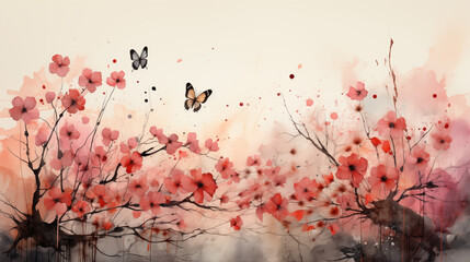 The postcard and background of blossoming sakura trees with butterflies