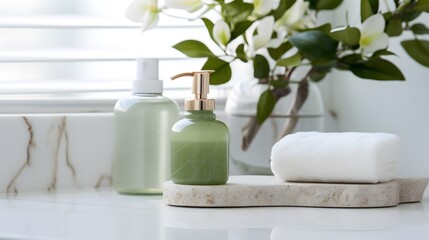 Obraz na płótnie Canvas Refreshing green bathroom accessories on marble counter with natural light. Harmony and cleanliness concept.  
