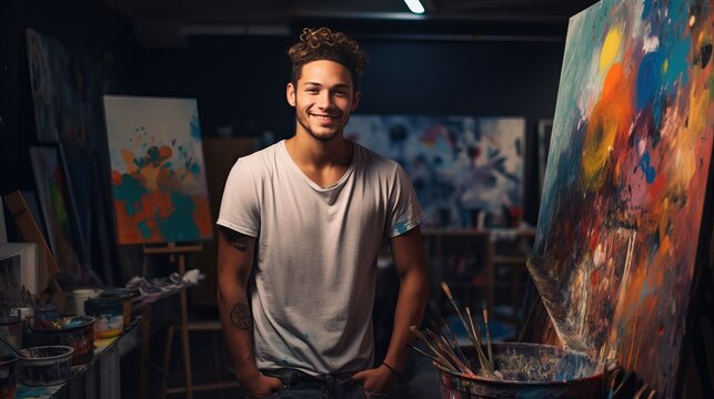 A photograph of a young artist who displays positivity and creativity, carrying multiple brushes and a palette in both hands.