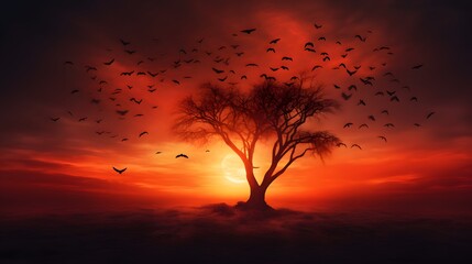 Silhouette dead tree and birds flying on sunset on red sky. Background for peaceful and tranquil concept. Light for hope and spiritual. Awakening and inspiration concept. Soul and respect concept. - obrazy, fototapety, plakaty