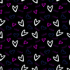 Set of seamless patterns with hand drawn hearts and text. Valentine s day background. Vector graphic, EPS10