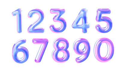 3D holographic set of numbers from 0 to 9. in futuristic purple colour. Set of numbers for various promotions, birthday, parties. 3d rendering illustration in cartoon style.