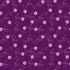 Set of seamless patterns with hand drawn hearts, flowers and text. Valentine s day background. Vector graphic, EPS10