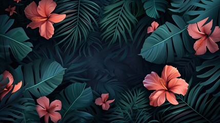 Illustration from colorful flower dark tropical foliage nature background. 