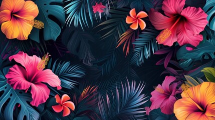 Illustration from colorful flower dark tropical foliage nature background. 
