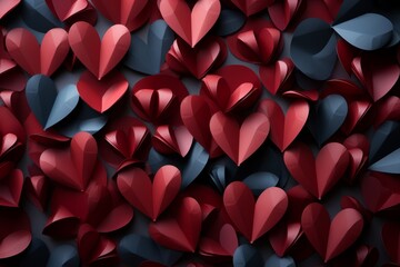 Burgundy, dark gray and red 3D valentines cut from paper in the shape of a heart are randomly arranged on a soft gray background.