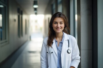 Portrait of a doctor. Beautiful brunette girl with long hair. A female doctor in a white coat against the background of a hospital corridor.