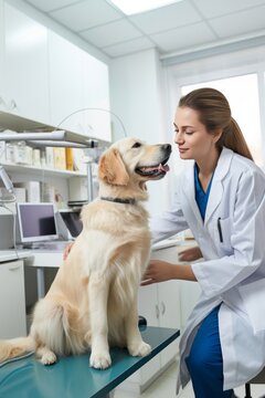 Golden Retriever dog at a doctor's appointment in a veterinary clinic. Healthy dog. The concept of taking care of your pets. Diagnosis of diseases at an early stage.
