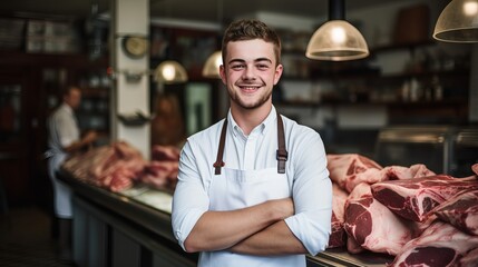 Raw lamb ribs are being held by a young butcher inside a butcher shop