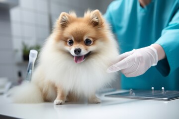 Spitz dog at a doctor's appointment in a veterinary clinic. Healthy dog. The concept of taking care of your pets. Diagnosis of diseases at an early stage.