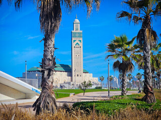 view of the famous Hassan II Mosque seen from the street