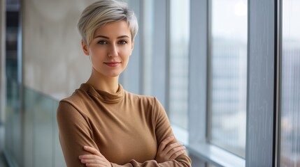 Successful caucasian businesswoman with short haircut on light office background