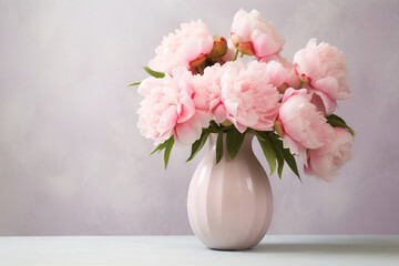 Obraz premium Beautiful flowers in interior design. Pink peonies in white enameled vase. Paper for invitation text, white peonies in a vase, interior decoration. Card for Mother's day, Valentine's day