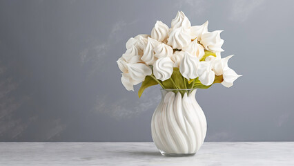 Beautiful meringues as flowers in interior design. White meringue in white enameled vase.  Meringue  flowers in a vase, interior decoration. Card for Mother's day, Valentine's day, copy space, text