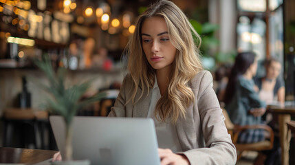 9:16 or 16:9 Beautiful business woman is looking at charts on laptop to analyze trading and investment market.