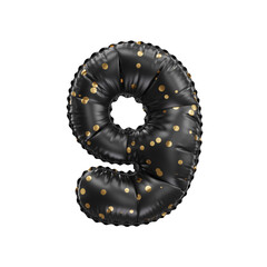 3D black helium balloon with golden polka dot pattern number 9