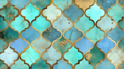 Mint and gold tile pattern in the style of enchanting watercolors, moroccan. - obrazy, fototapety, plakaty